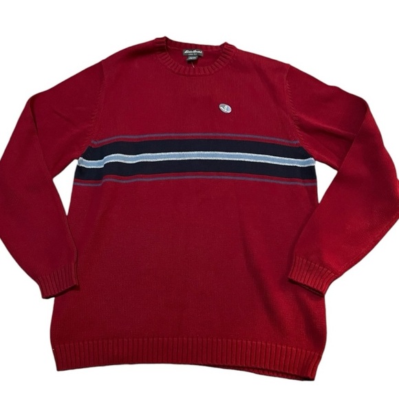 Eddie Bauer Long Sleeve Cotton Tight Knit Sweater Red with Blue/White Stripe XLT - Picture 8 of 8